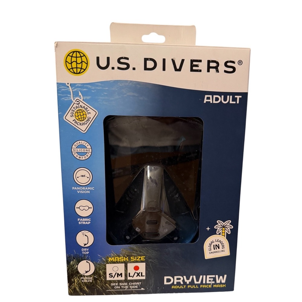U.S. Divers Dryview Adult Full Face Snorkel Mask L/XL Black Blue Panoramic View